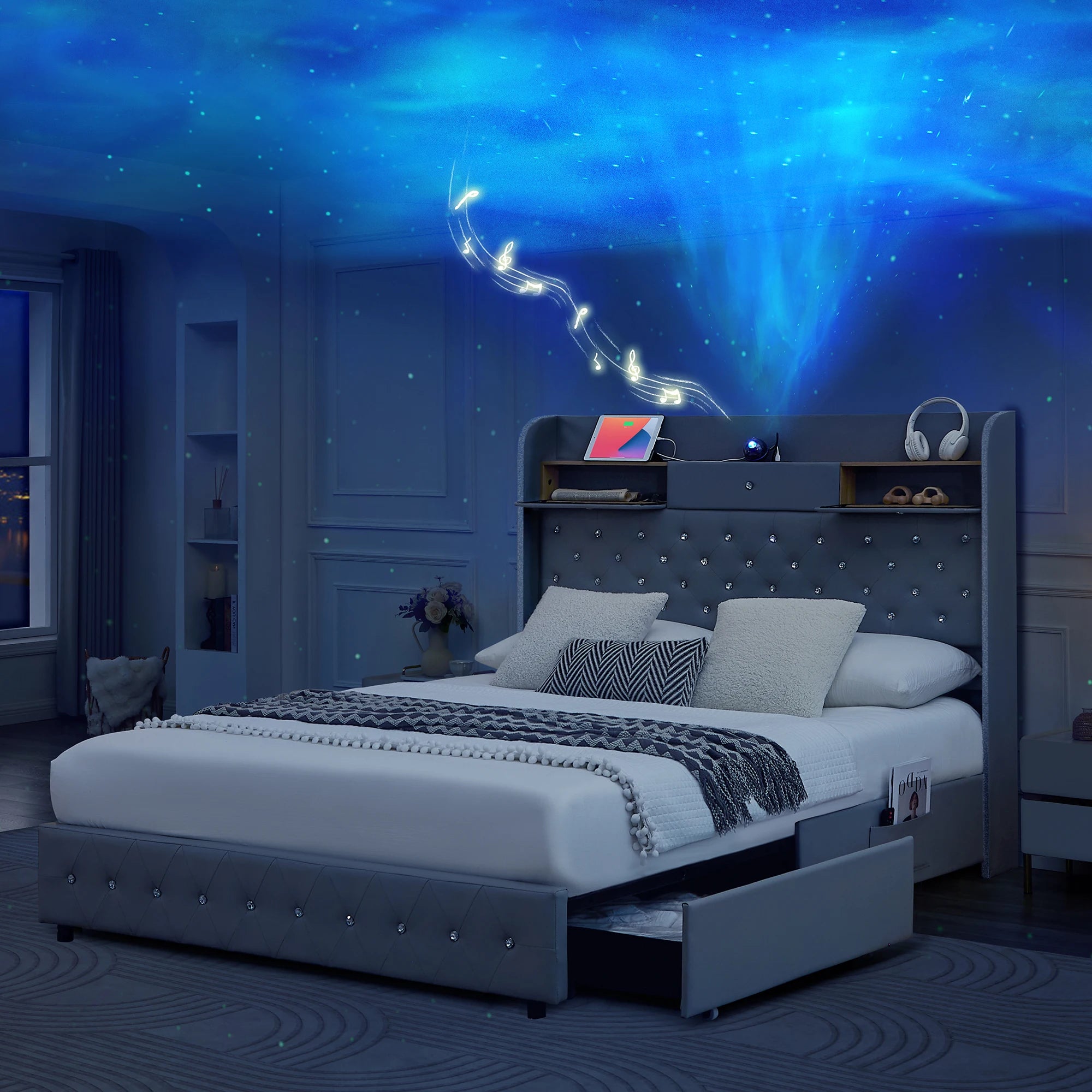 LED Bed Frame with Star Projector & Storage Drawers, Upholstered Platform Bed in Velvet/PU, Full Queen King Size, No Box Spring