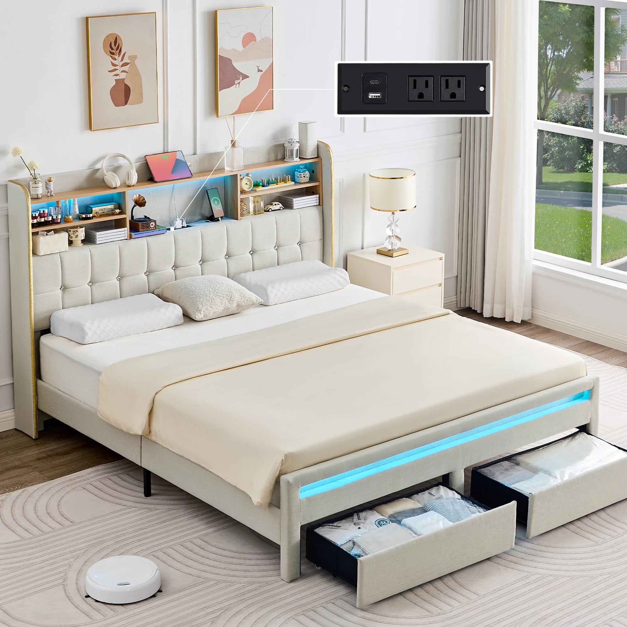 LED Bed Frame with Storage Drawers & Bookcase Headboard, Upholstered Platform with Charging Station, Black/White/Gray/Cream