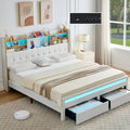 LED Bed Frame with Storage Drawers & Bookcase Headboard, Upholstered Platform with Charging Station, Black/White/Gray/Cream