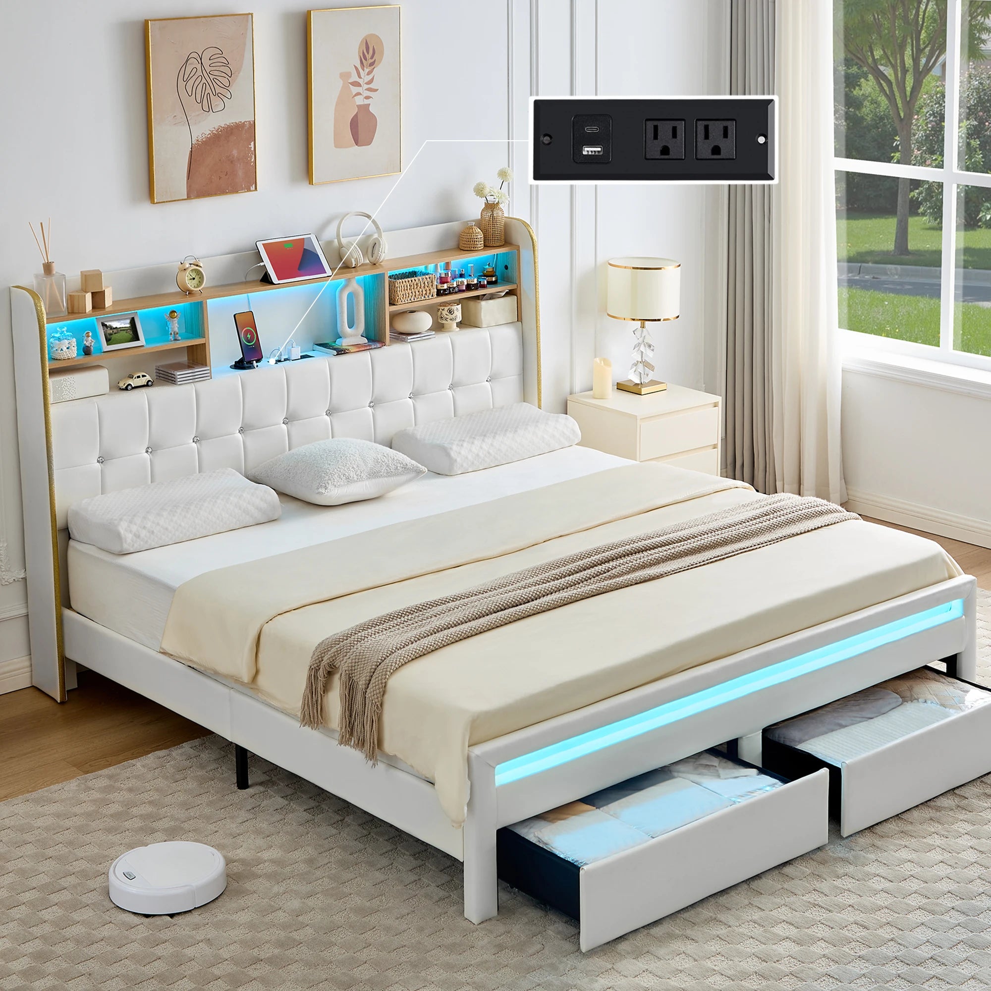 LED Bed Frame with Storage Drawers & Bookcase Headboard, Upholstered Platform with Charging Station, Black/White/Gray/Cream