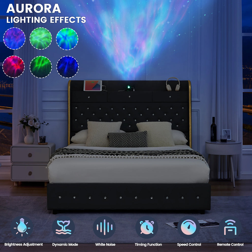 LED Bed Frame with Star Projector & Storage Drawers, Upholstered Platform Bed in Velvet/PU, Full Queen King Size, No Box Spring