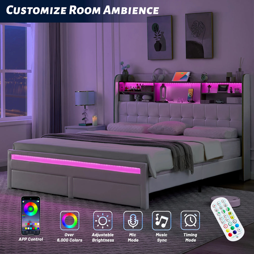 LED Bed Frame with Storage Drawers & Bookcase Headboard, Upholstered Platform with Charging Station, Black/White/Gray/Cream
