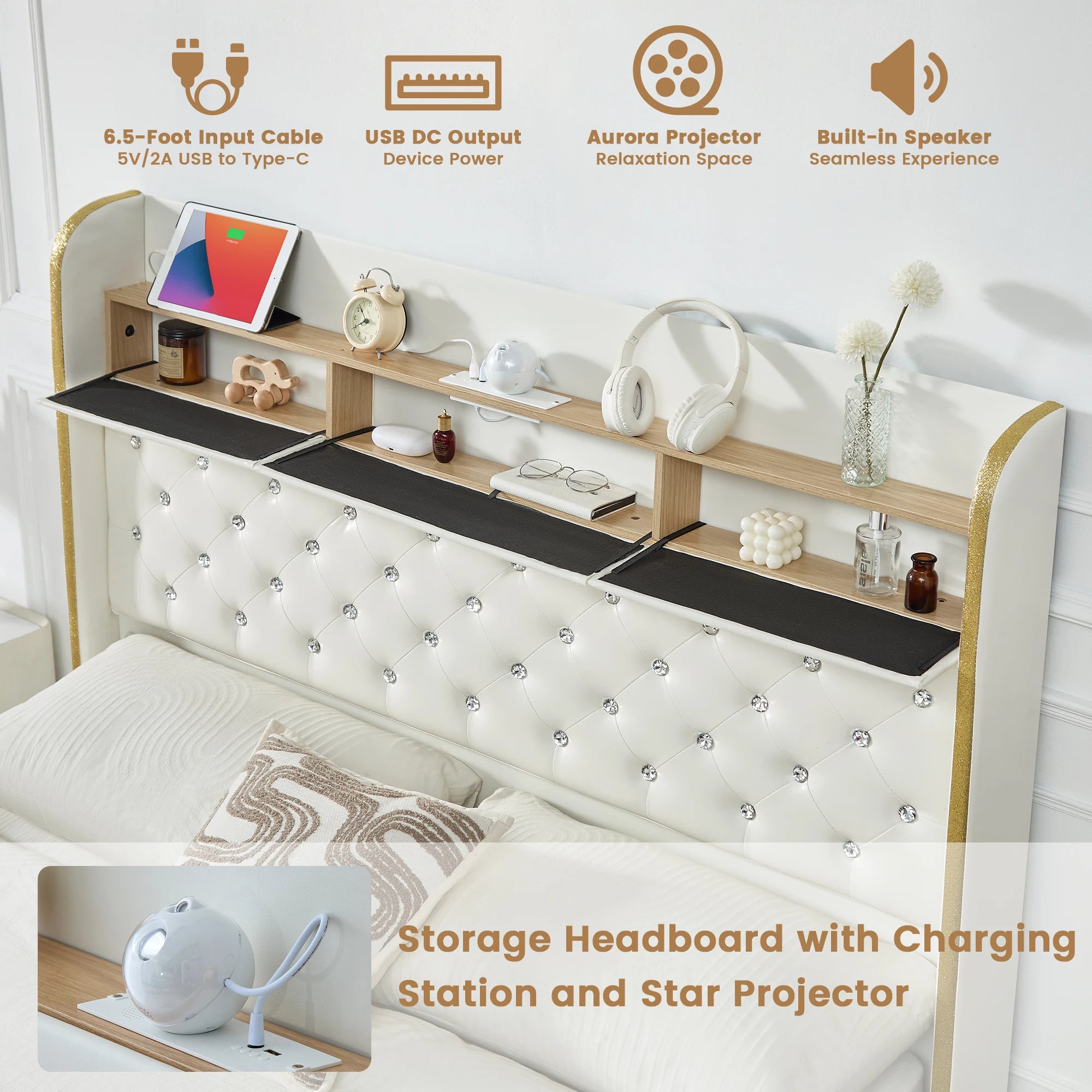 LED Bed Frame with Star Projector & Storage Drawers, Upholstered Platform Bed in Velvet/PU, Full Queen King Size, No Box Spring