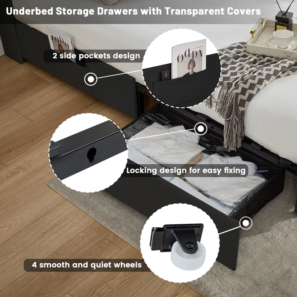 LED Bed Frame with Star Projector & Storage Drawers, Upholstered Platform Bed in Velvet/PU, Full Queen King Size, No Box Spring