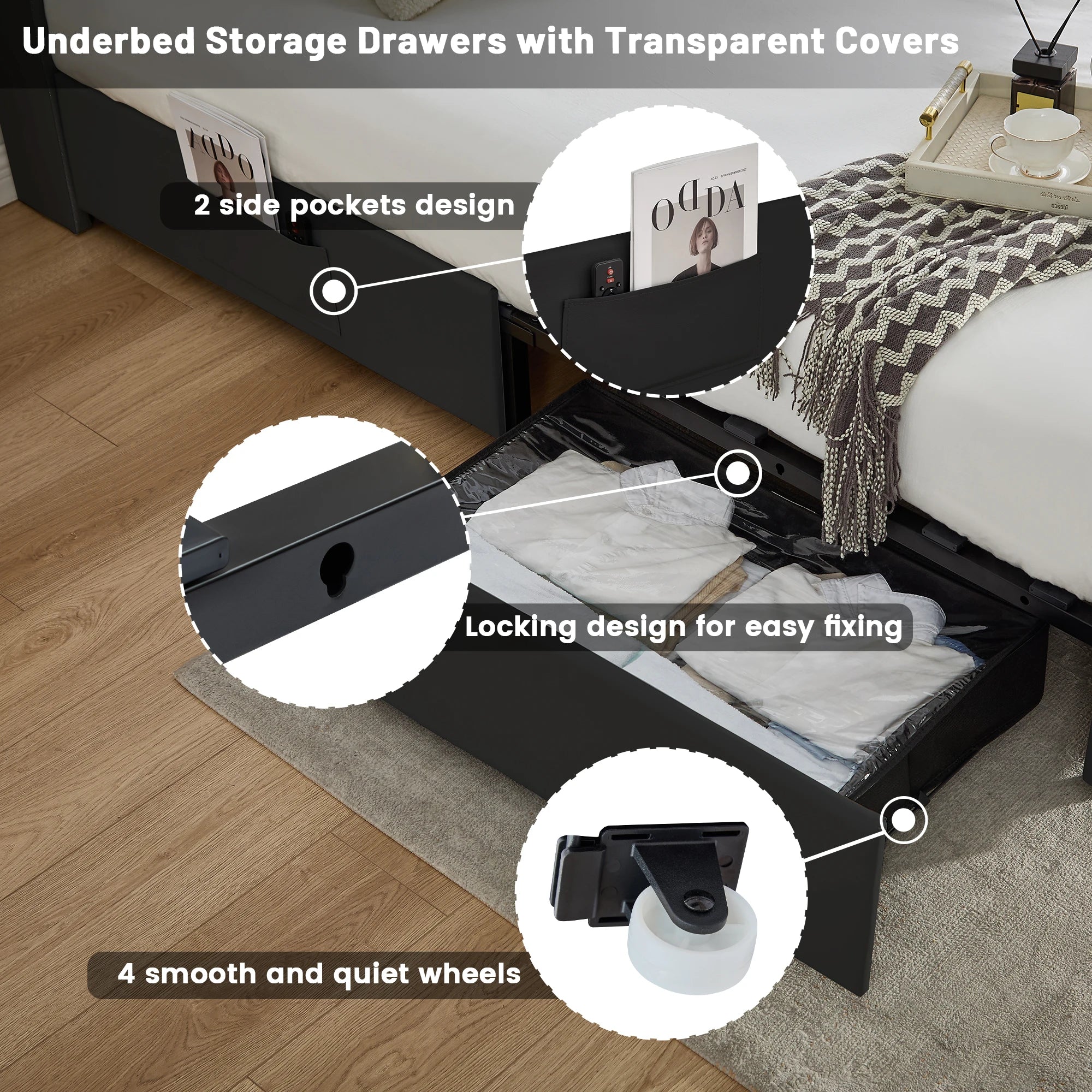 LED Bed Frame with Star Projector & Storage Drawers, Upholstered Platform Bed in Velvet/PU, Full Queen King Size, No Box Spring