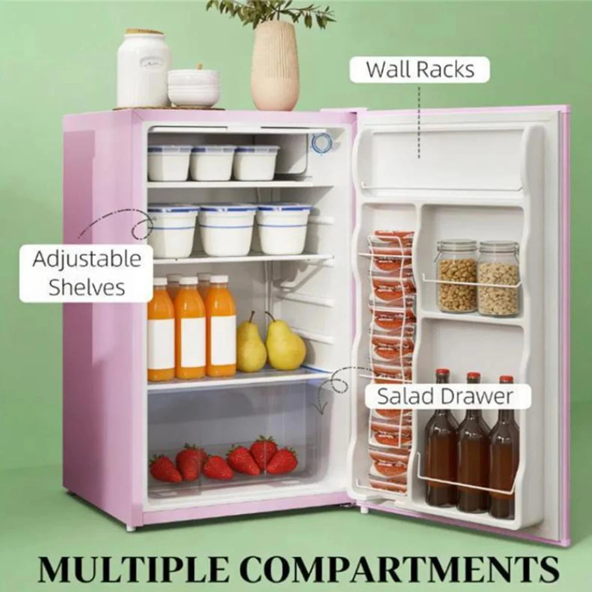 3.2 Cu.Ft Pink Mini Fridge with Freezer, Compact Refrigerator with Adjustable Shelves, Reversible Door for Dorm Apartment Office