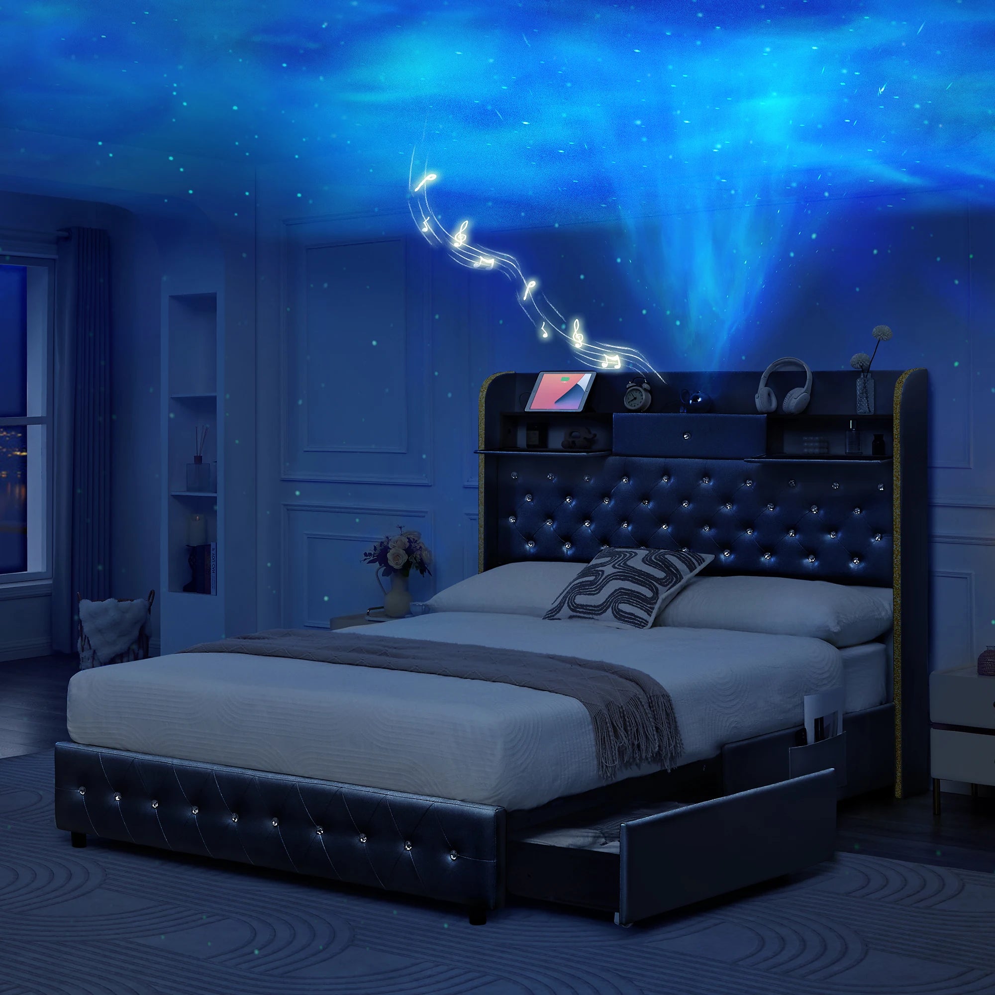 LED Bed Frame with Star Projector & Storage Drawers, Upholstered Platform Bed in Velvet/PU, Full Queen King Size, No Box Spring