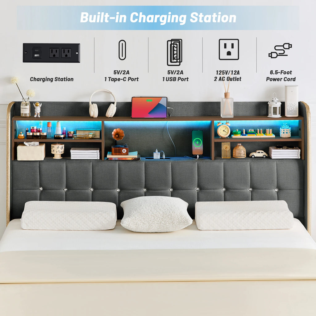 LED Bed Frame with Storage Drawers & Bookcase Headboard, Upholstered Platform with Charging Station, Black/White/Gray/Cream
