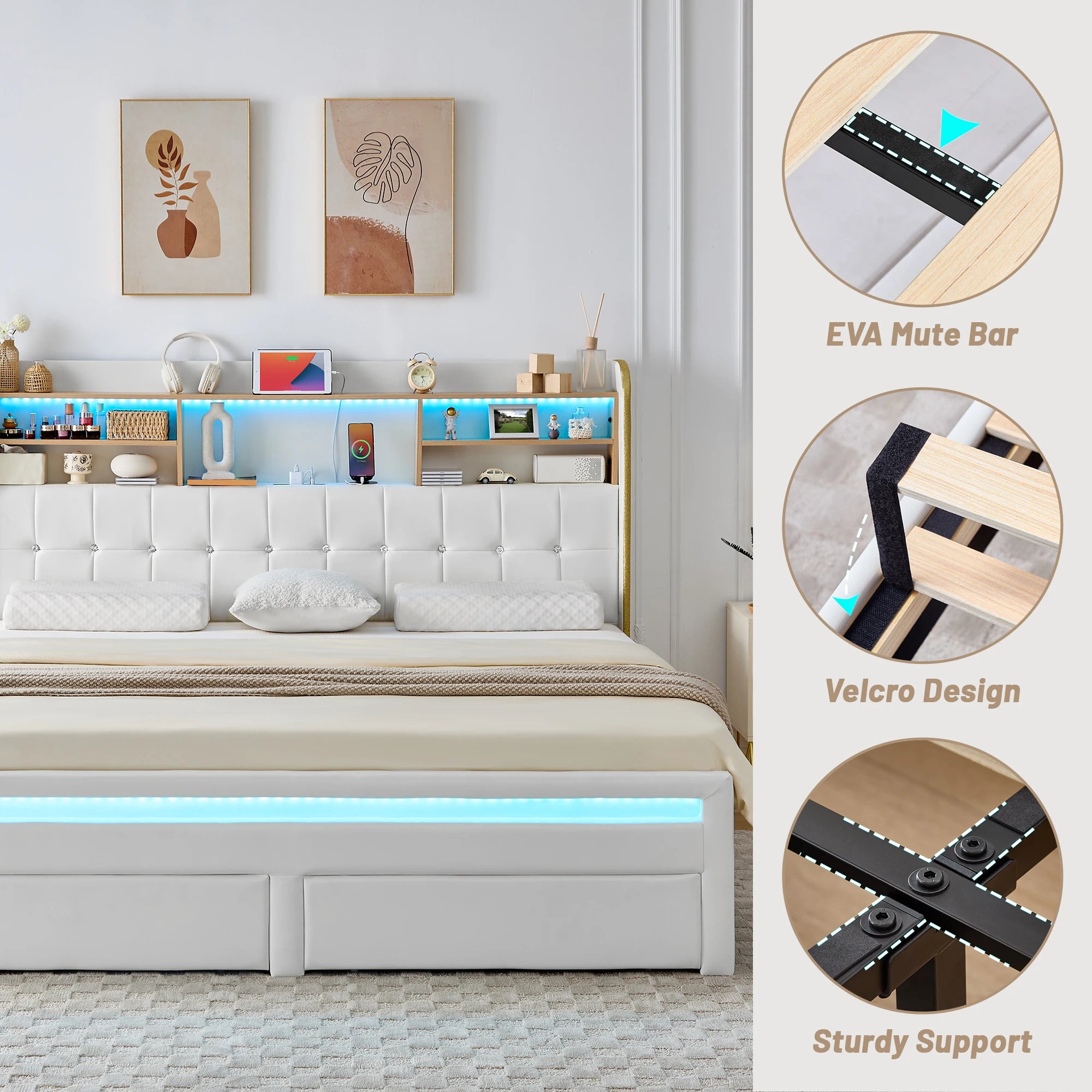 LED Bed Frame with Storage Drawers & Bookcase Headboard, Upholstered Platform with Charging Station, Black/White/Gray/Cream