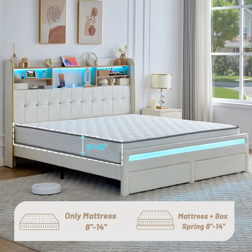 LED Bed Frame with Storage Drawers & Bookcase Headboard, Upholstered Platform with Charging Station, Black/White/Gray/Cream