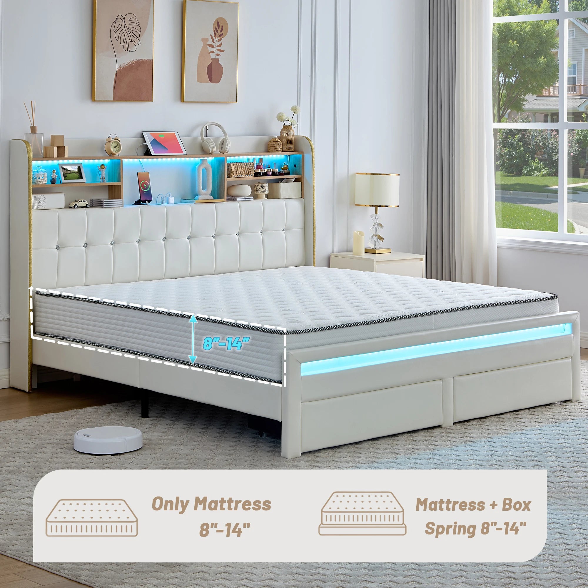 LED Bed Frame with Storage Drawers & Bookcase Headboard, Upholstered Platform with Charging Station, Black/White/Gray/Cream