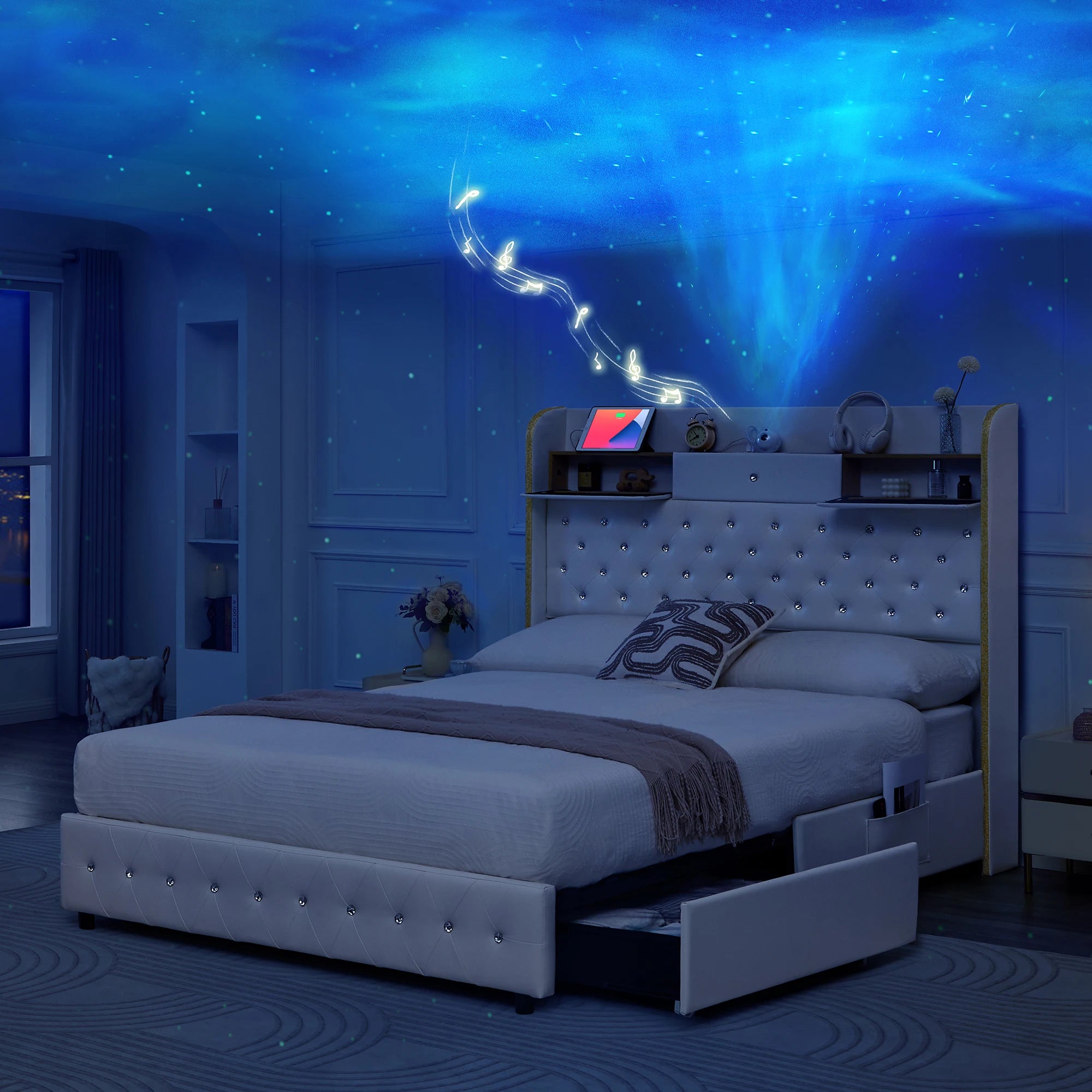 LED Bed Frame with Star Projector & Storage Drawers, Upholstered Platform Bed in Velvet/PU, Full Queen King Size, No Box Spring
