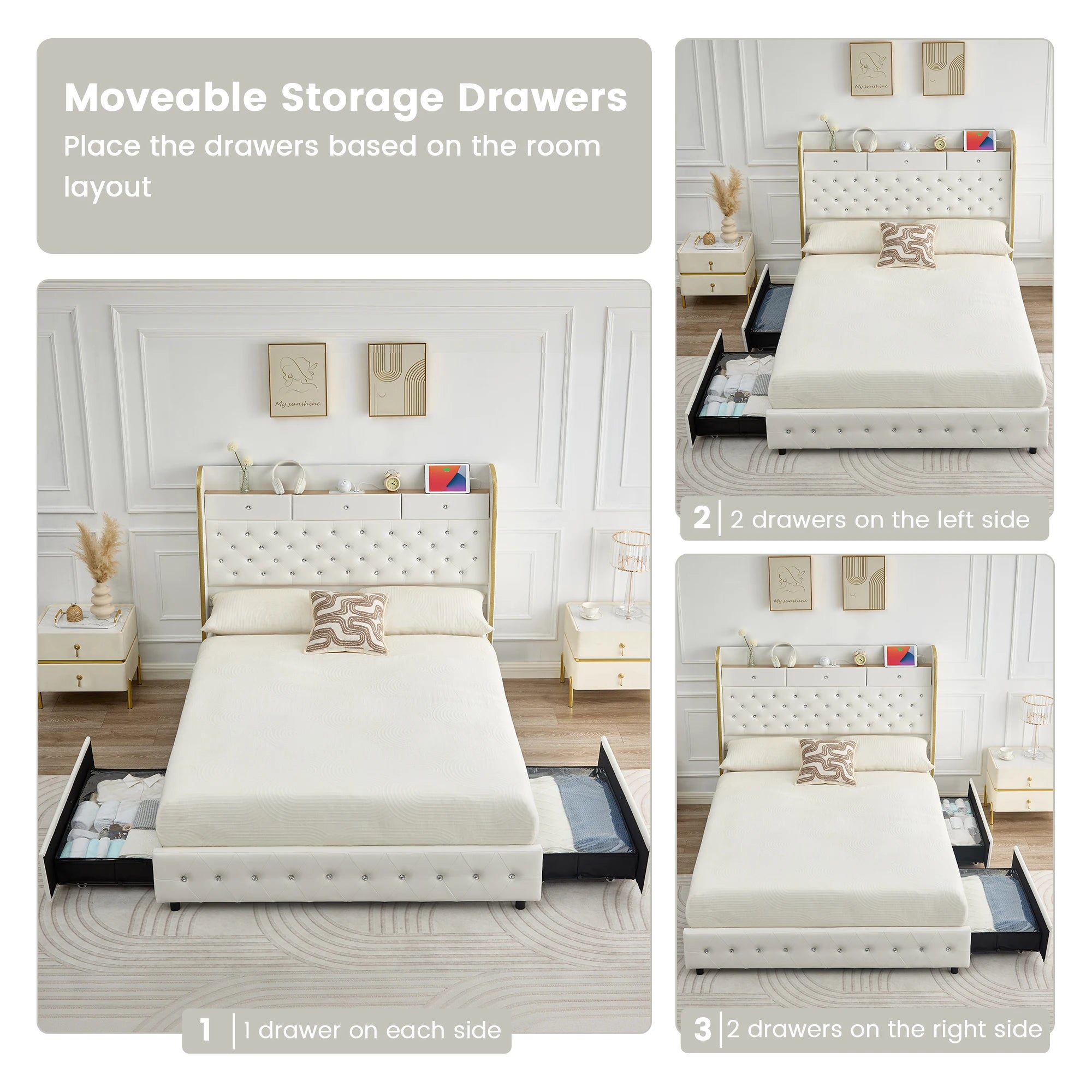 LED Bed Frame with Star Projector & Storage Drawers, Upholstered Platform Bed in Velvet/PU, Full Queen King Size, No Box Spring
