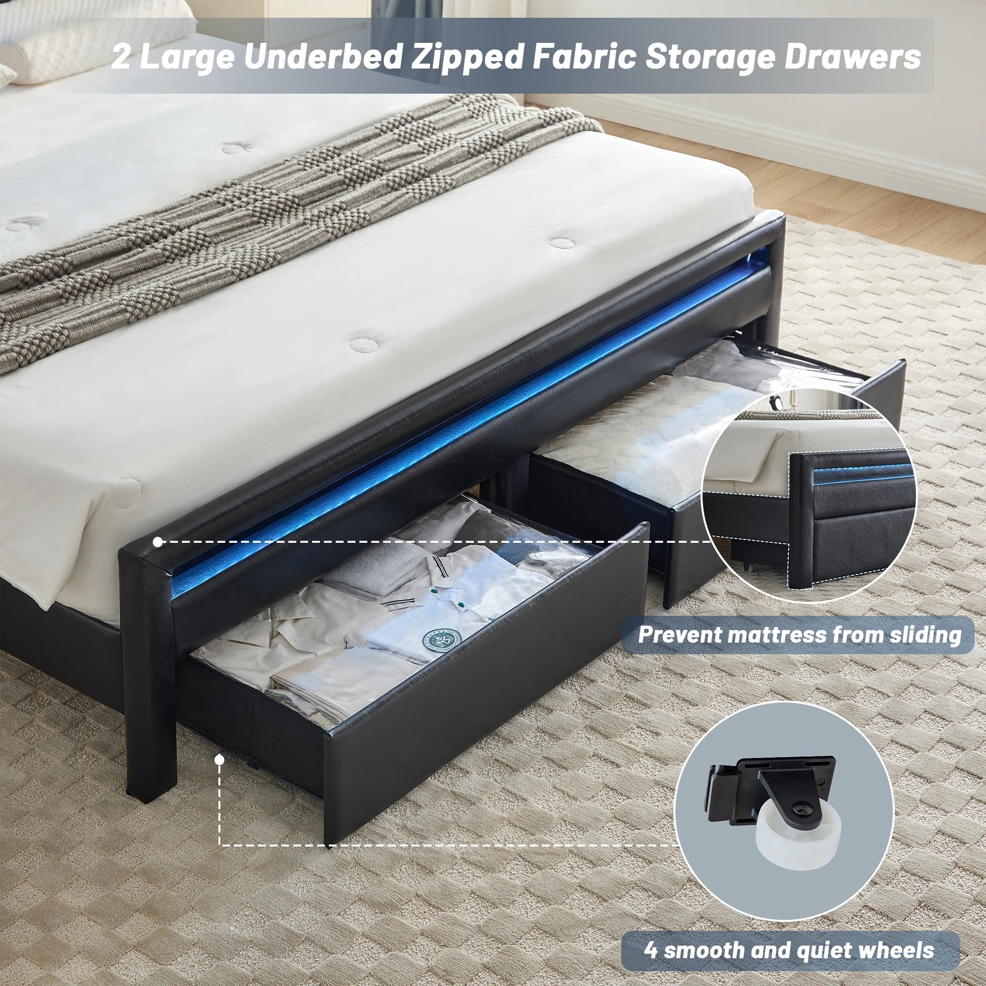 LED Bed Frame with Storage Drawers & Bookcase Headboard, Upholstered Platform with Charging Station, Black/White/Gray/Cream