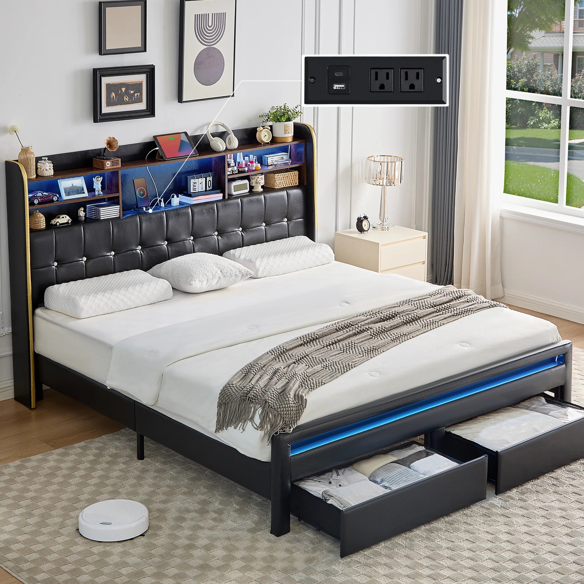 LED Bed Frame with Storage Drawers & Bookcase Headboard, Upholstered Platform with Charging Station, Black/White/Gray/Cream