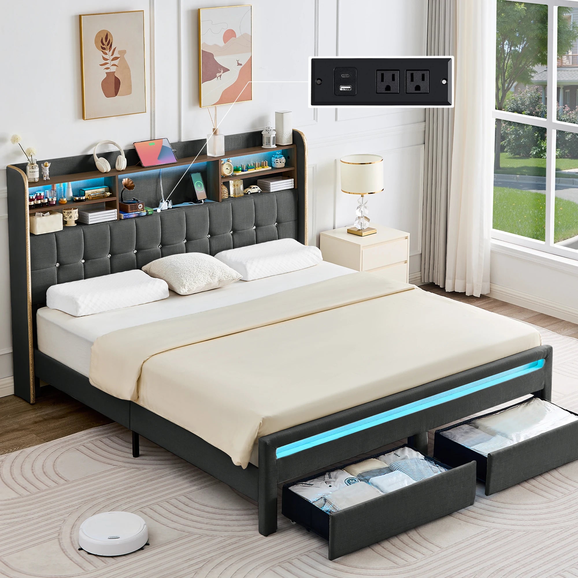 LED Bed Frame with Storage Drawers & Bookcase Headboard, Upholstered Platform with Charging Station, Black/White/Gray/Cream