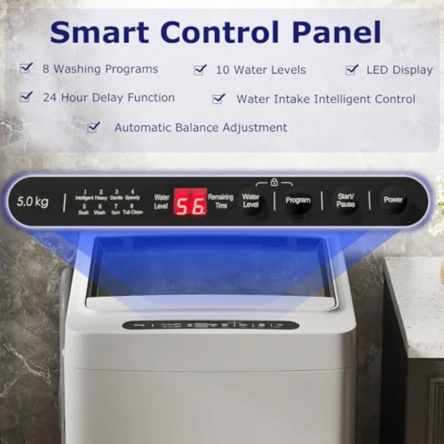 Portable washing machine for apartment, home, dorms, RV: 1.5 cu.ft compact washer in gray black with drain pump, LED display, 8