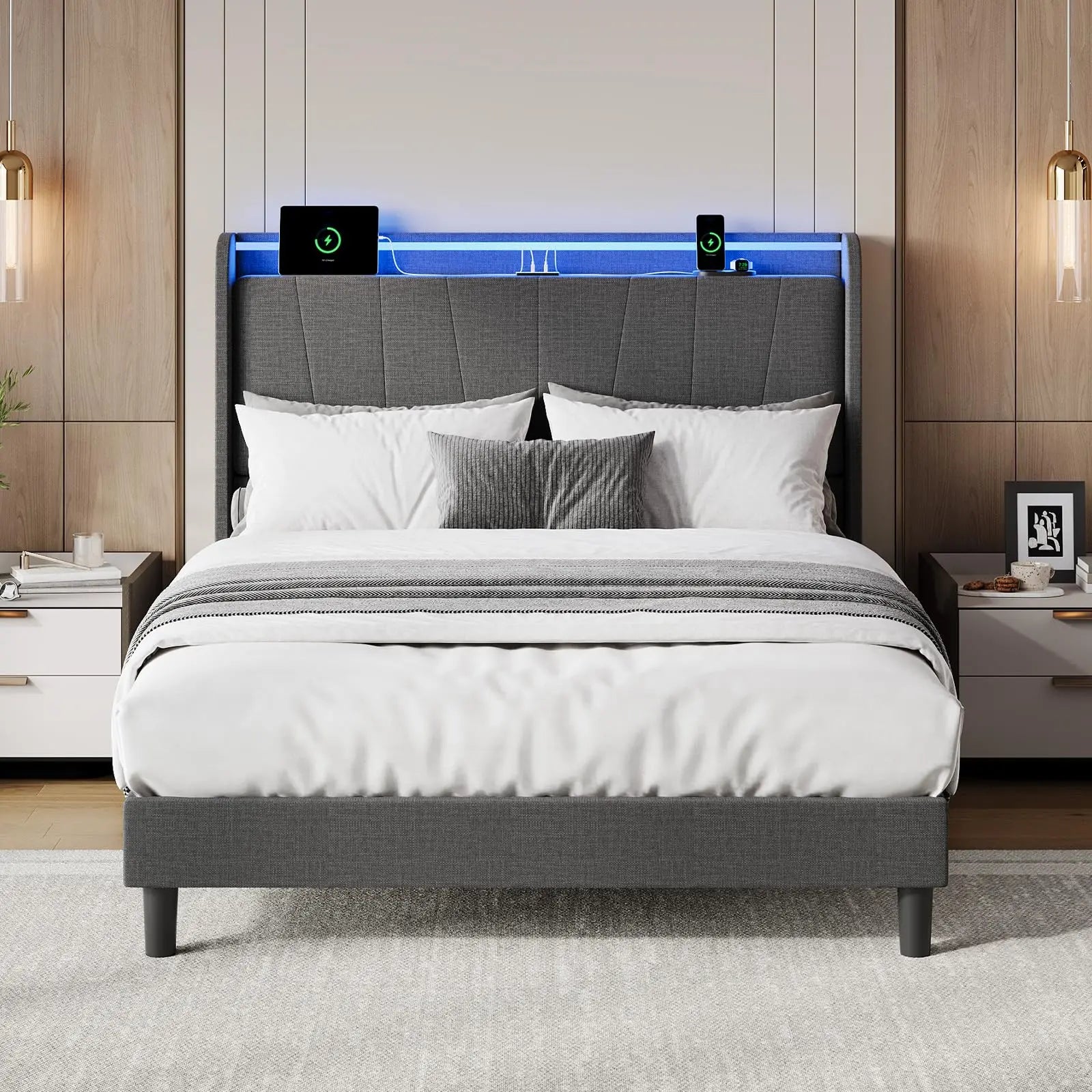 LED Bed Frame with Charging Station, Upholstered Platform Bed Frame with Headboard, Wood Slats Support, Under Bed Storage