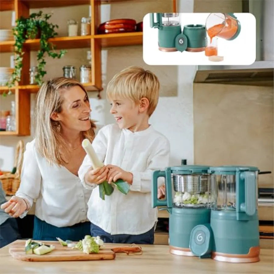 Baby food maker for home use, stainless steel and BPA-free plastic, white and grey, eco-friendly non-toxic steamer blender with