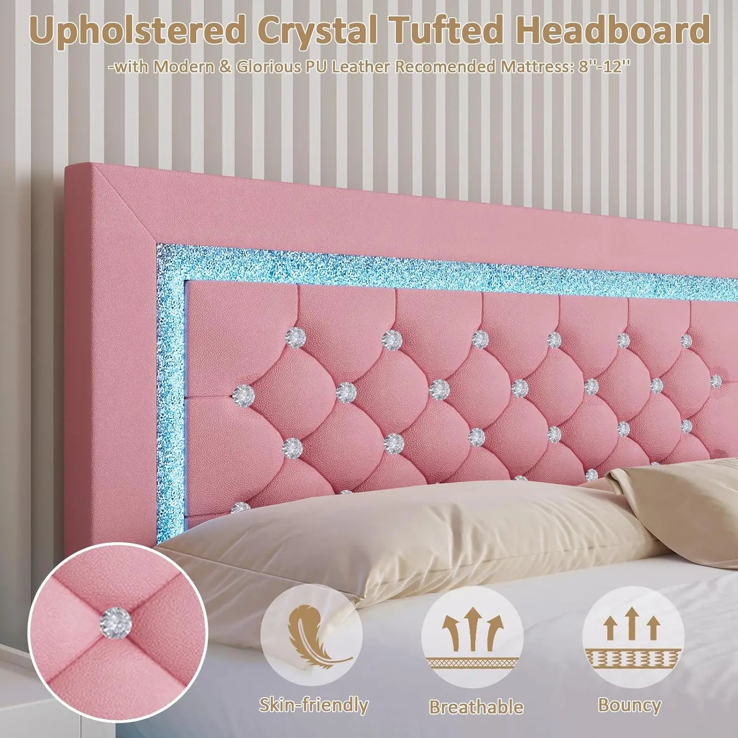 Pink Floating Bed Frame  with LED Lights Upholstered Platform Bed with Diamond Tufted Headboard No Box Spring Needed Noise Free