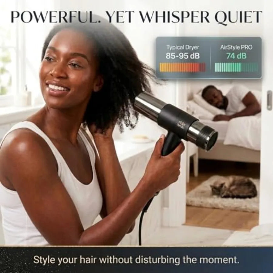 Hair dryer for salon styling, infrared ionic technology, black, fast drying and quiet operation with self-cleaning function and