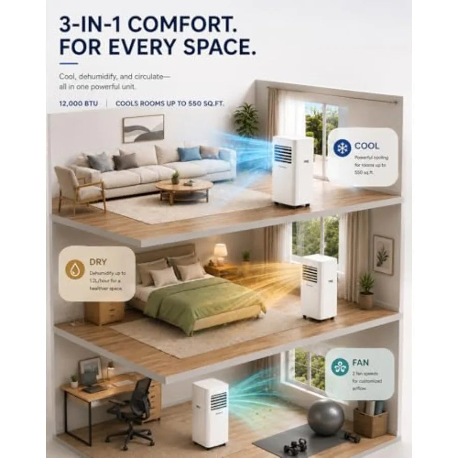Portable Air Conditioners 3-in-1 AC Unit 12000 BTU Cools Up to 550 Sq.Ft. with Remote Control/Smart Sleep Mode/24Hrs Timer/Wind