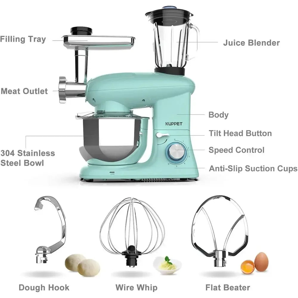 3 in 1 Stand Mixer, 6 Speed Electric Mixer, Tilt Head Kitchen Mixer with Meat Grinder and Juice Blender, 6 Quarts 850W Food Mixe