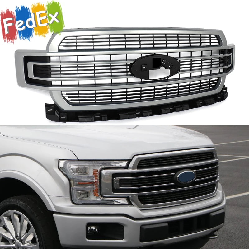 Car Front Bumper Grille Iconic Silver For Ford F150 Limited 2018-20 Front Inlet Grid Radiator Grille Hood Mesh Grid Upper Grills