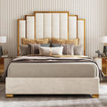 Upholstered Bed Modern Velvet Bed Frame with 61.4\u201d Tall Gold Trim Headboard No Box Spring Needed Cream