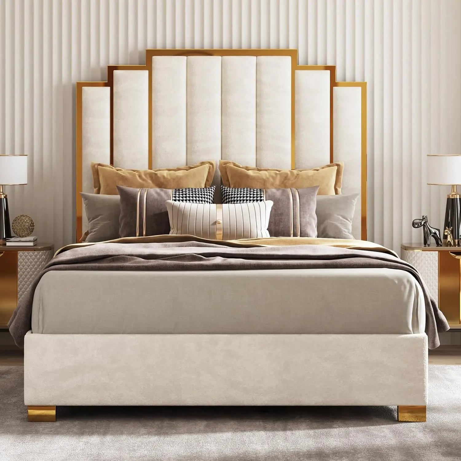 Upholstered Bed Modern Velvet Bed Frame with 61.4\u201d Tall Gold Trim Headboard No Box Spring Needed Cream
