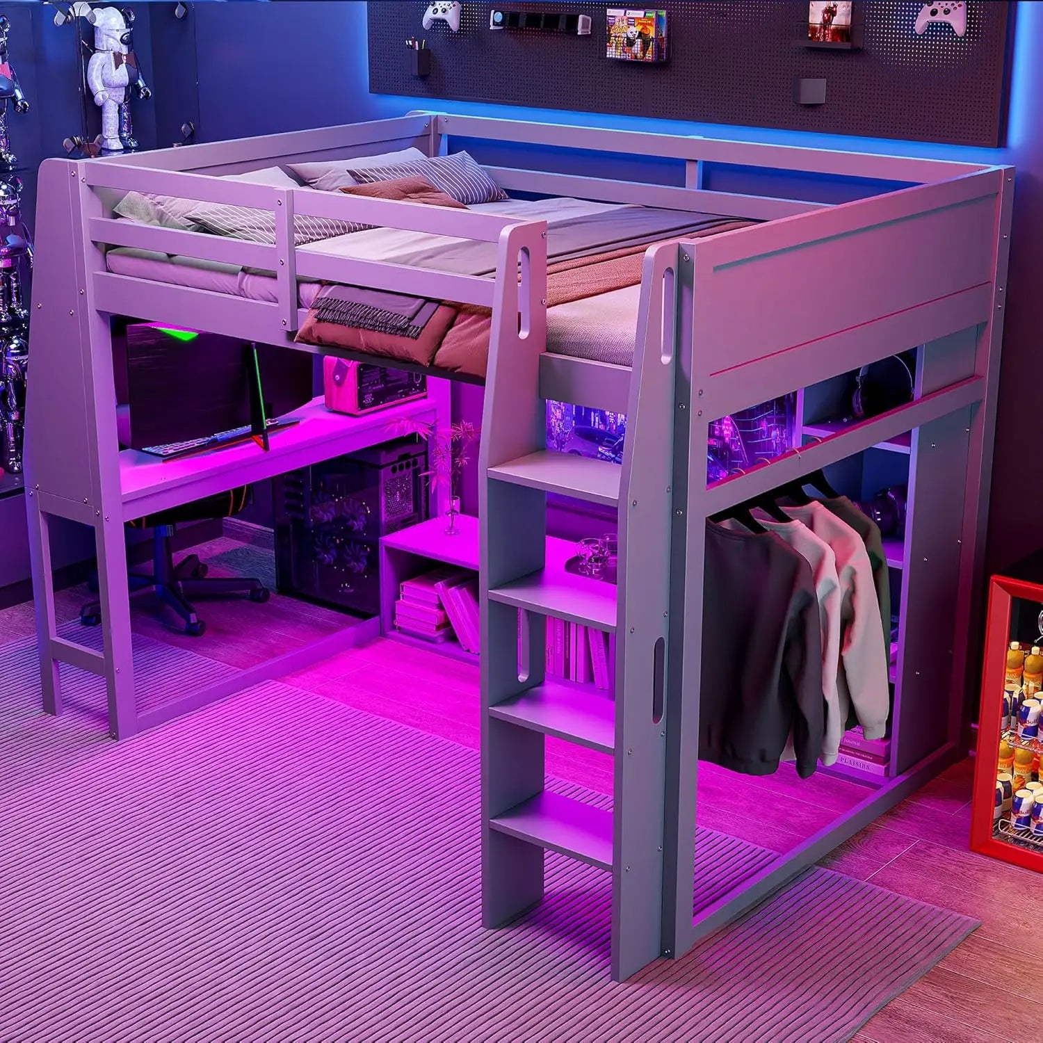Full Size Gaming Loft Bed with Desk & LED Lights, Solid Wood Loft Bed with Open Wardrobe and Storage Shelves, Full Gaming Bed wi