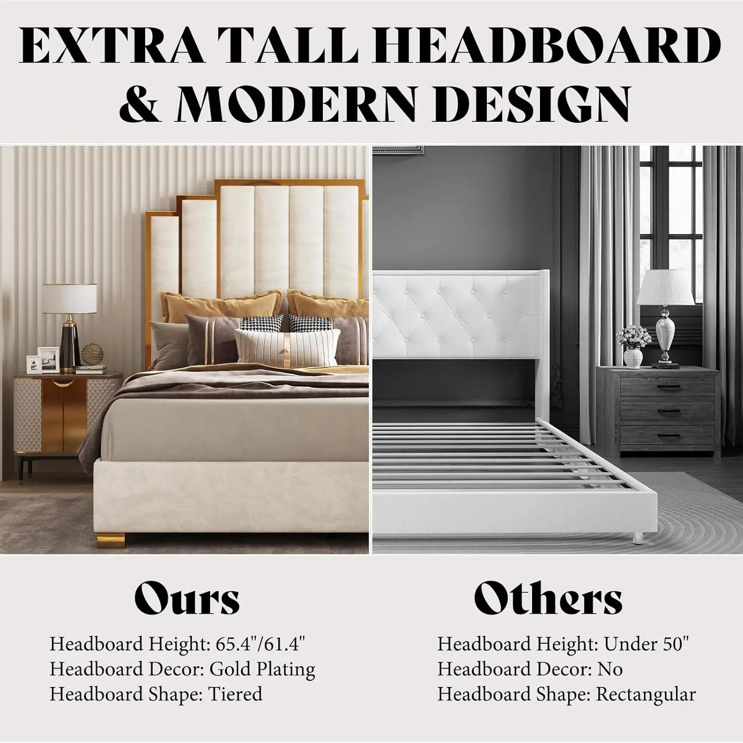 Upholstered Bed Modern Velvet Bed Frame with 61.4\u201d Tall Gold Trim Headboard No Box Spring Needed Cream