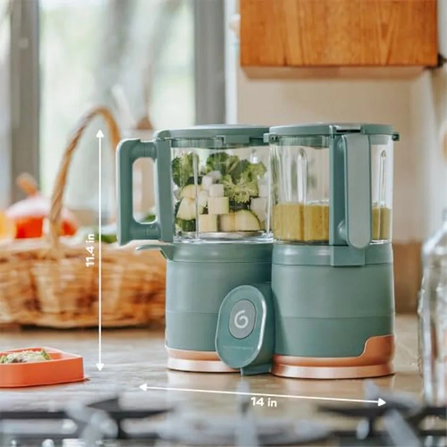 Baby food maker for home use, stainless steel and BPA-free plastic, white and grey, eco-friendly non-toxic steamer blender with