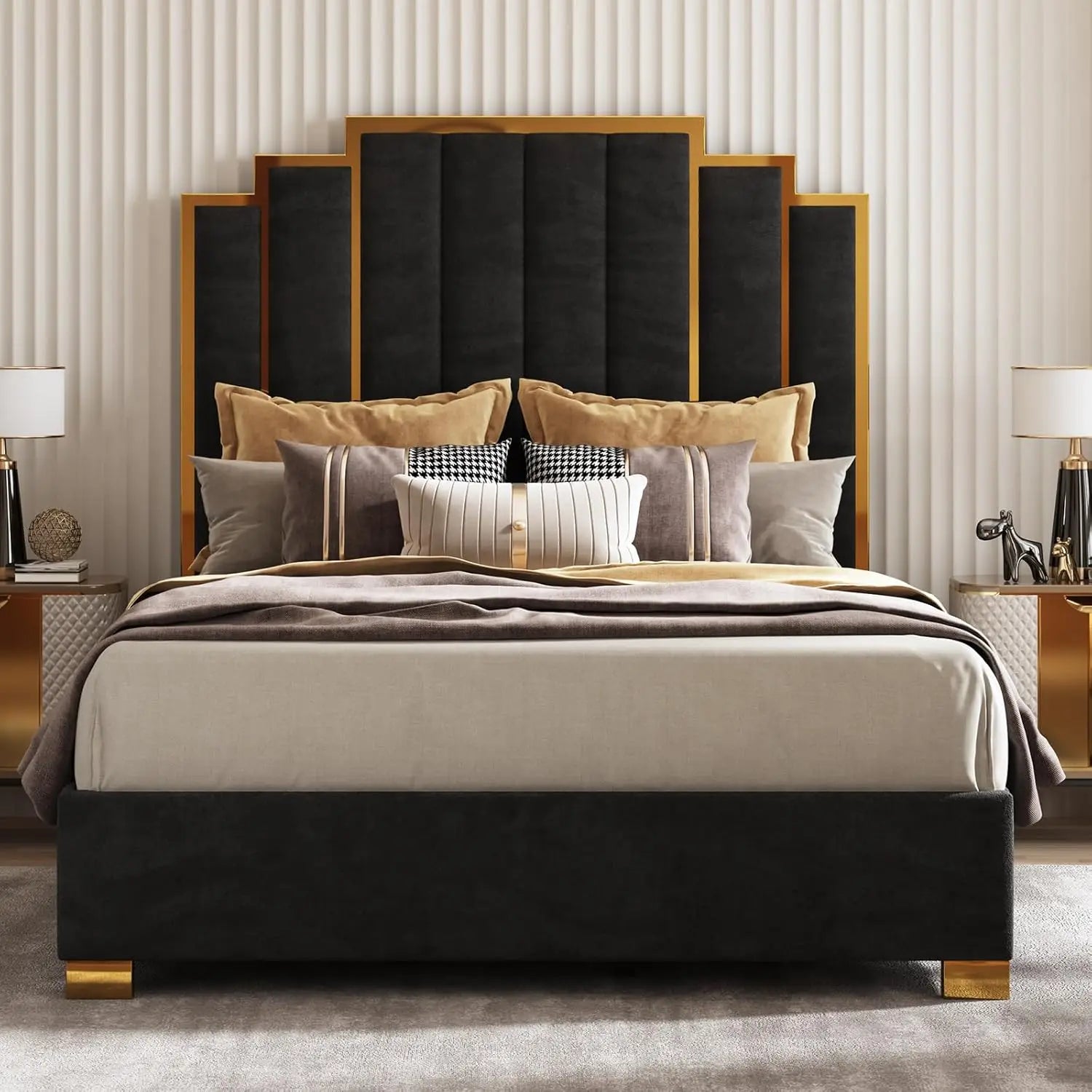 Upholstered Bed Modern Velvet Bed Frame with 61.4\u201d Tall Gold Trim Headboard No Box Spring Needed Cream