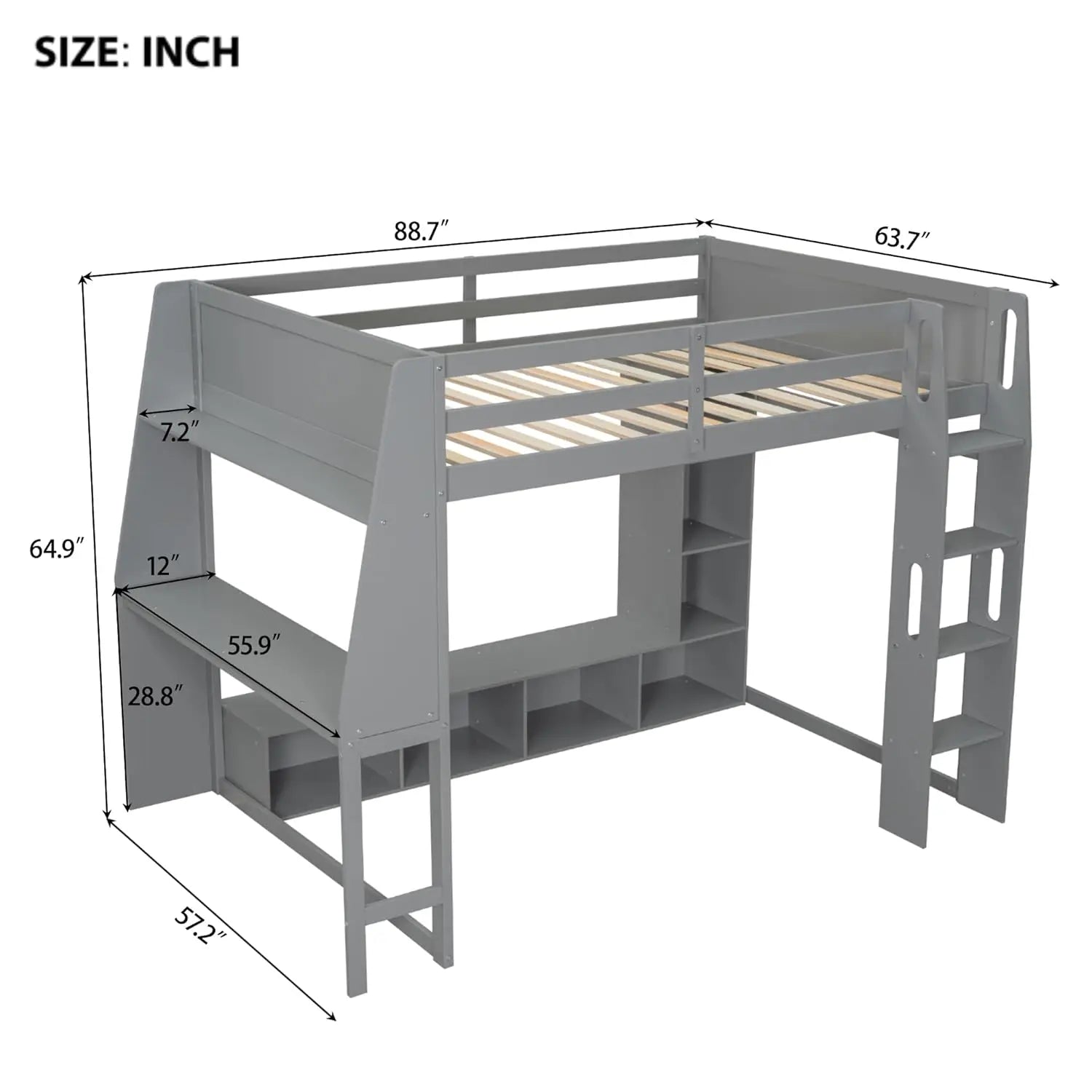 Full Size Gaming Loft Bed with Desk & LED Lights, Solid Wood Loft Bed with Open Wardrobe and Storage Shelves, Full Gaming Bed wi