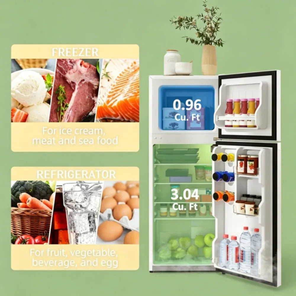 Compact 4 Cu.Ft Top-Freezer Refrigerator, Adjustable Thermostat, Reversible Door, Quiet Mini Fridge for Home, Dorm, Office, White