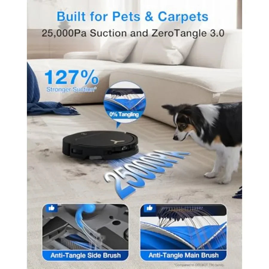 Robot vacuum and mop for home use, black plastic body, 25000 Pa suction power, ZeroTangle 3.0 anti-tangle, TruEdge 2.0 extendab