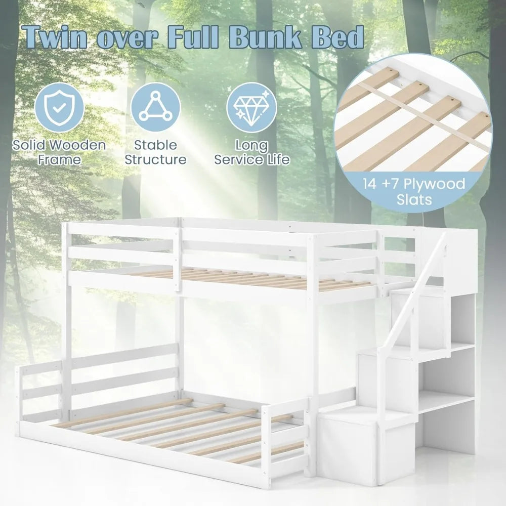 Twin Over Full Bunk Bed with Stairs, Solid Wood Floor Bunk Bed with Storage Staircase & Full-Length Guardrails, Low Bunk