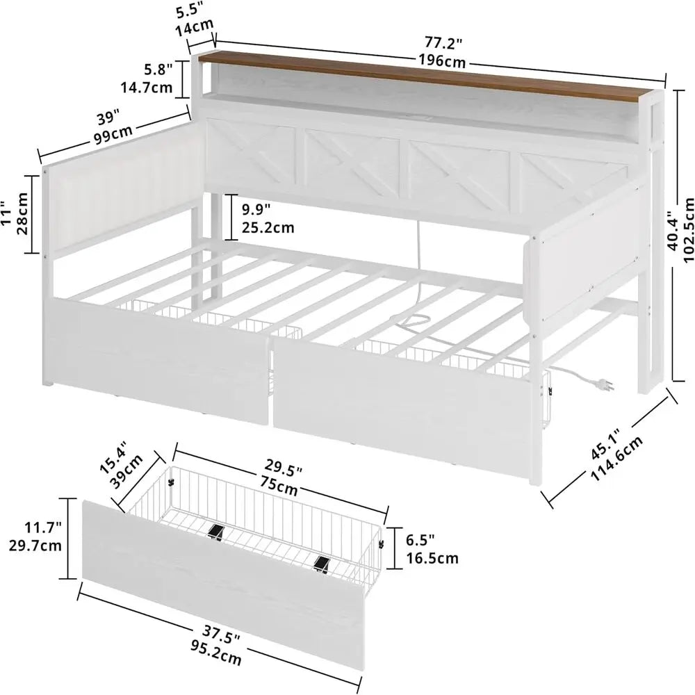 IRONCK Twin Size Daybed with Storage Drawers, Sturdy Metal Bed Frame with X-Shaped Headboard and Charging Station, White/Walnut