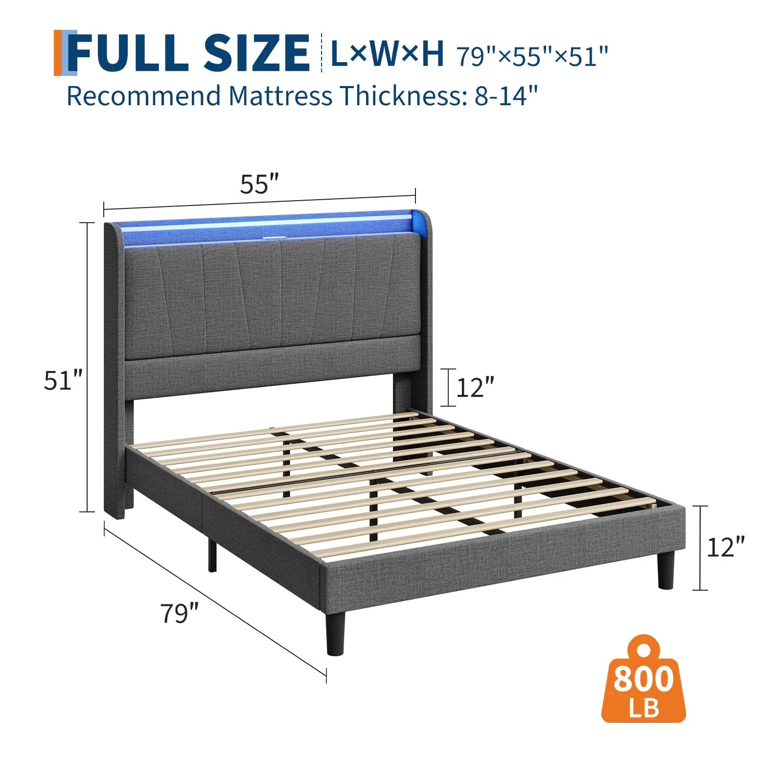 LED Bed Frame with Charging Station, Upholstered Platform Bed Frame with Headboard, Wood Slats Support, Under Bed Storage