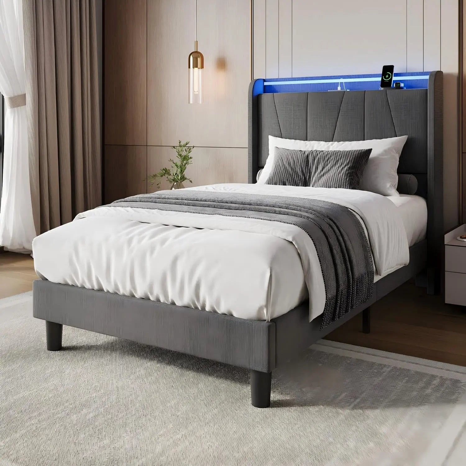 LED Bed Frame with Charging Station, Upholstered Platform Bed Frame with Headboard, Wood Slats Support, Under Bed Storage