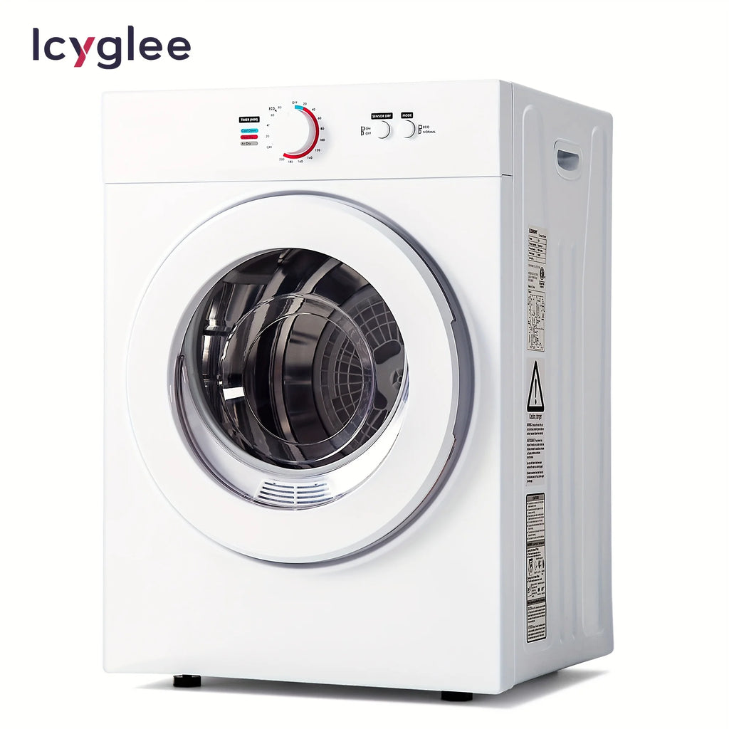 ICYGLEE 110V Portable Laundry Dryer with Stainless Steel Drum, Compact Electric Dryer 1.5/1.85 Cu.ft Front Load, Ideal for Apartments, RVs, And Dorms, White, User-friendly Controls