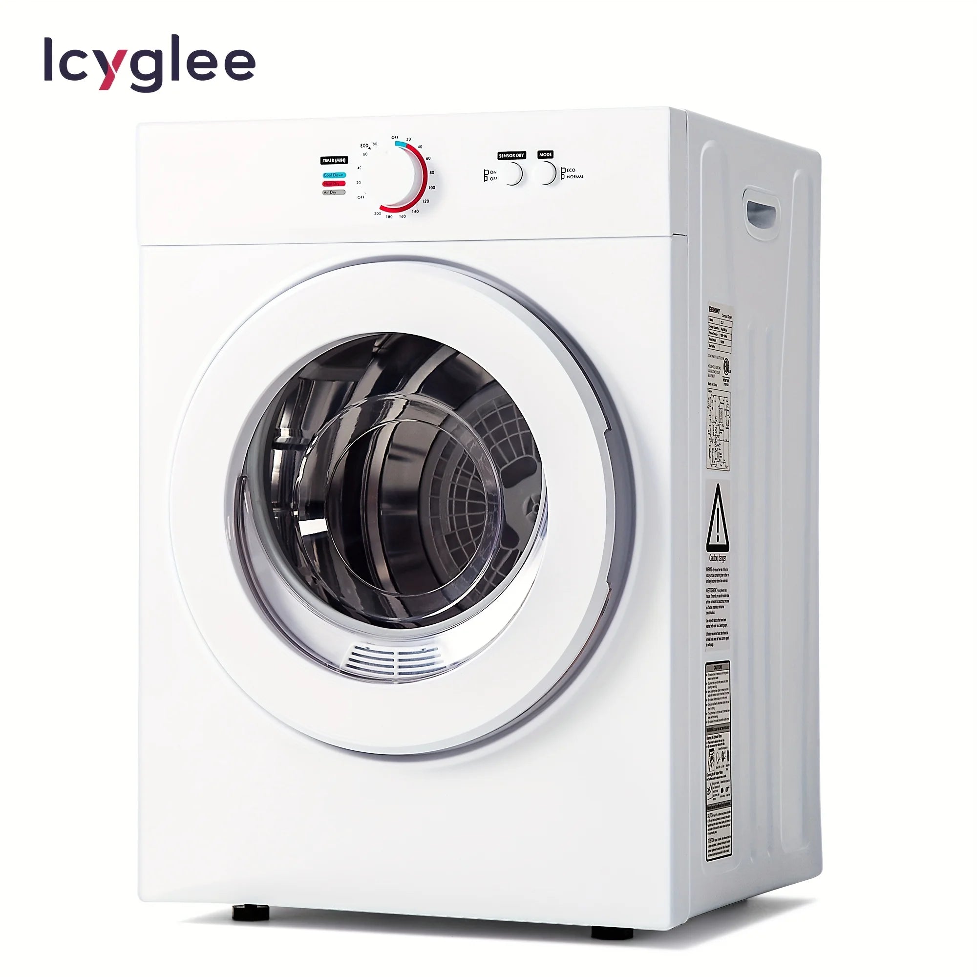 ICYGLEE 110V Portable Laundry Dryer with Stainless Steel Drum, Compact Electric Dryer 1.5/1.85 Cu.ft Front Load, Ideal for Apartments, RVs, And Dorms, White, User-friendly Controls