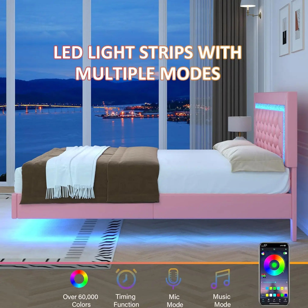 Pink Floating Bed Frame  with LED Lights Upholstered Platform Bed with Diamond Tufted Headboard No Box Spring Needed Noise Free