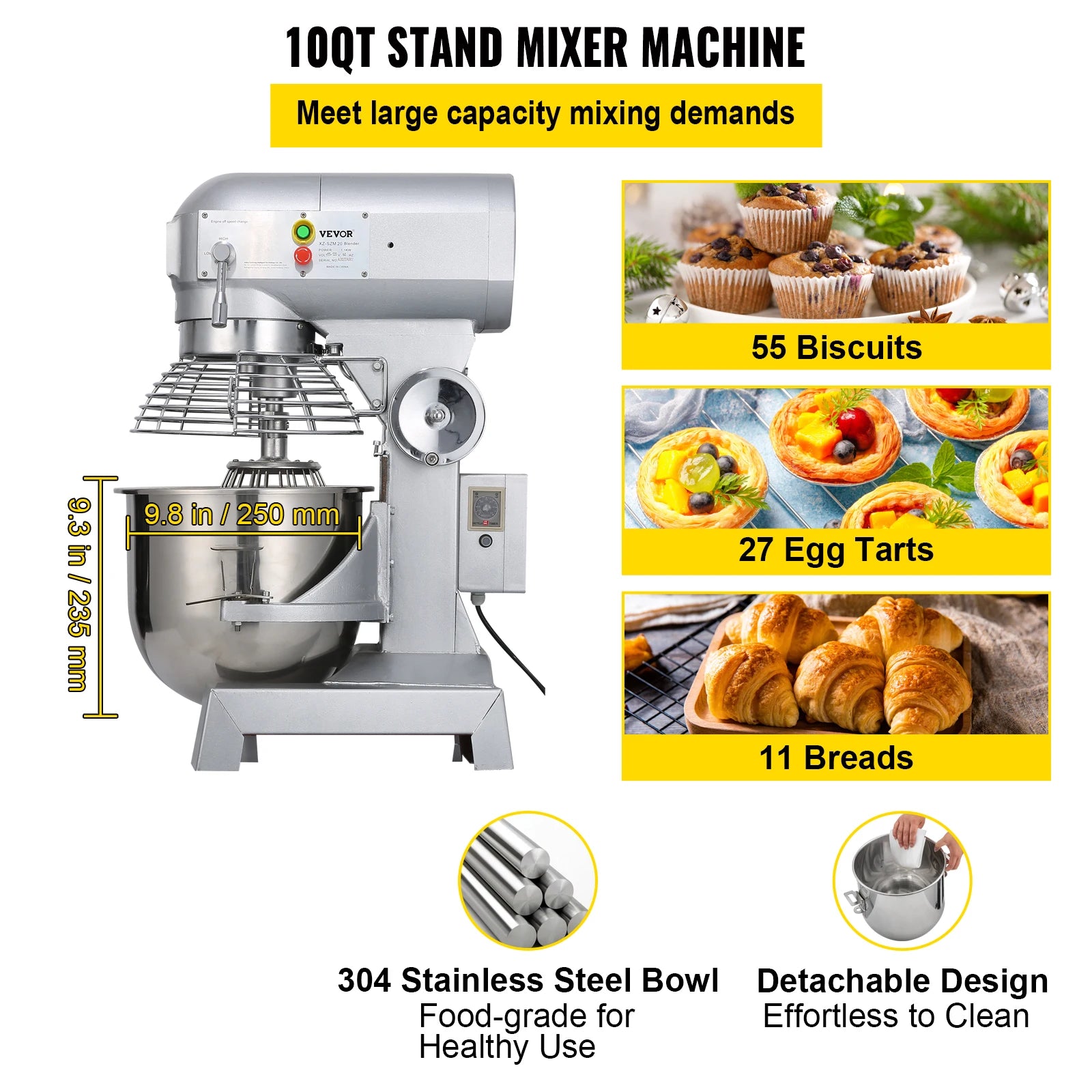 SucceBuy Commercial Food Mixer 10Qt 450W 3 Speeds Adjustable 110/178/390 RPM Heavy Duty Stainless Steel Whisk Beater Premium