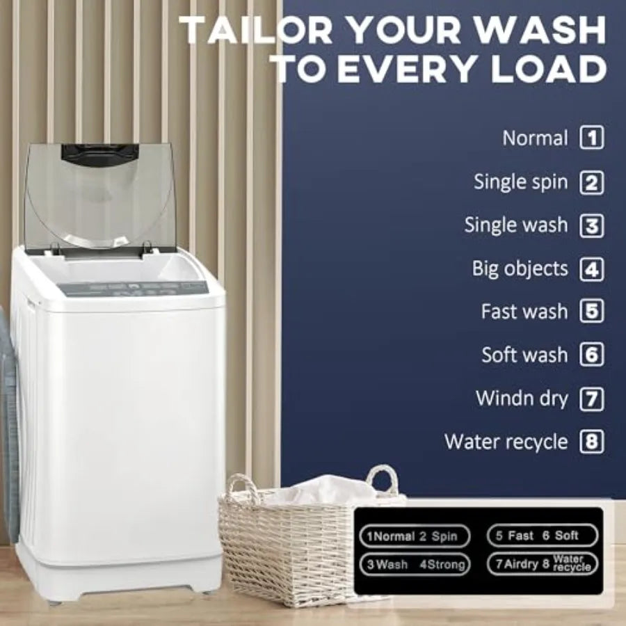 Compact Portable Washing Machine for Apartments Dorms RVs, Stainless Steel Tub, White, Full Automatic with 8 Wash Programs Chil
