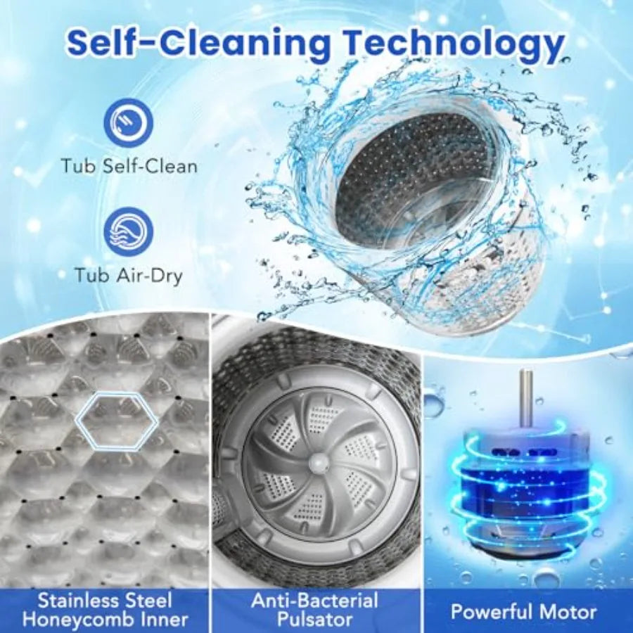 Portable washing machine for apartment and RV use, white plastic unit with full automatic operation, 8 wash modes, 10 water lev