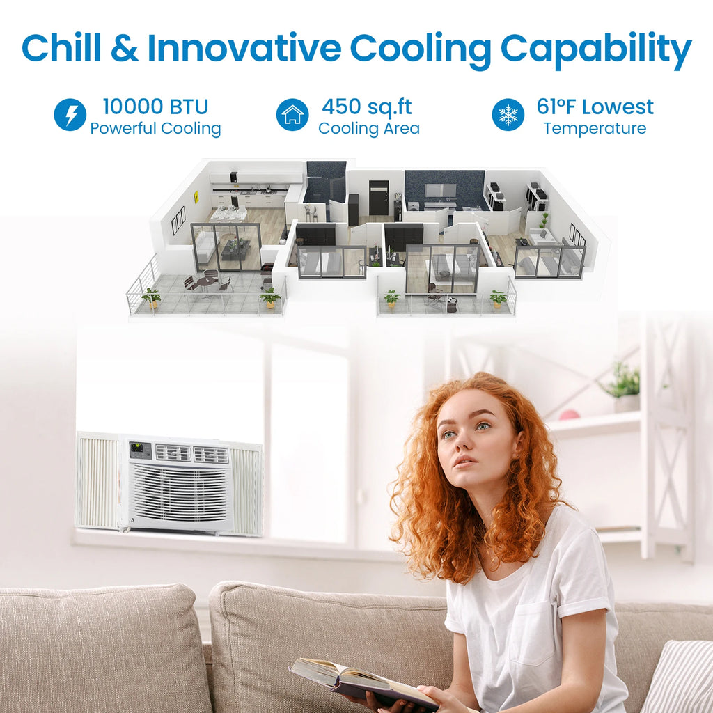 10,000 BTU Window Air Conditioner, Air Conditioners Window-Mounted Room Fast Cooling for 450 Sq.Ft. Indoor Window AC Unit for Summer, Auto-Restart, 3 Cooling & Fan Speeds, Remote/App Control