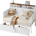 IRONCK Twin Size Daybed with Storage Drawers, Sturdy Metal Bed Frame with X-Shaped Headboard and Charging Station, White/Walnut