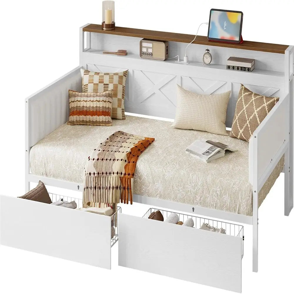 IRONCK Twin Size Daybed with Storage Drawers, Sturdy Metal Bed Frame with X-Shaped Headboard and Charging Station, White/Walnut